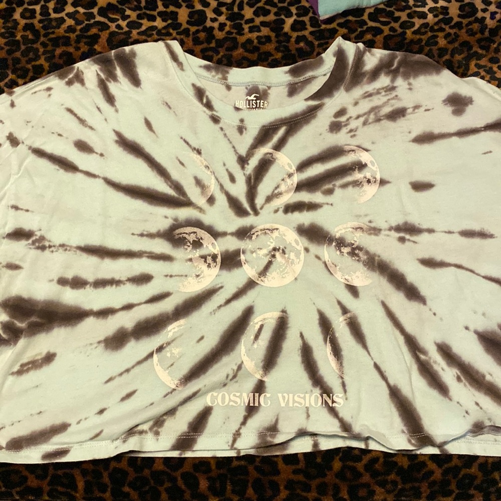 Holistic light blue tye dye phases of the moon crop tee
